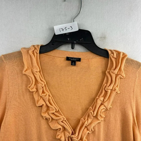 Talbots Cardigan Womens Sz M Orange Sweater Ruffle V Neck Wool Blended Button Up - Picture 12 of 12